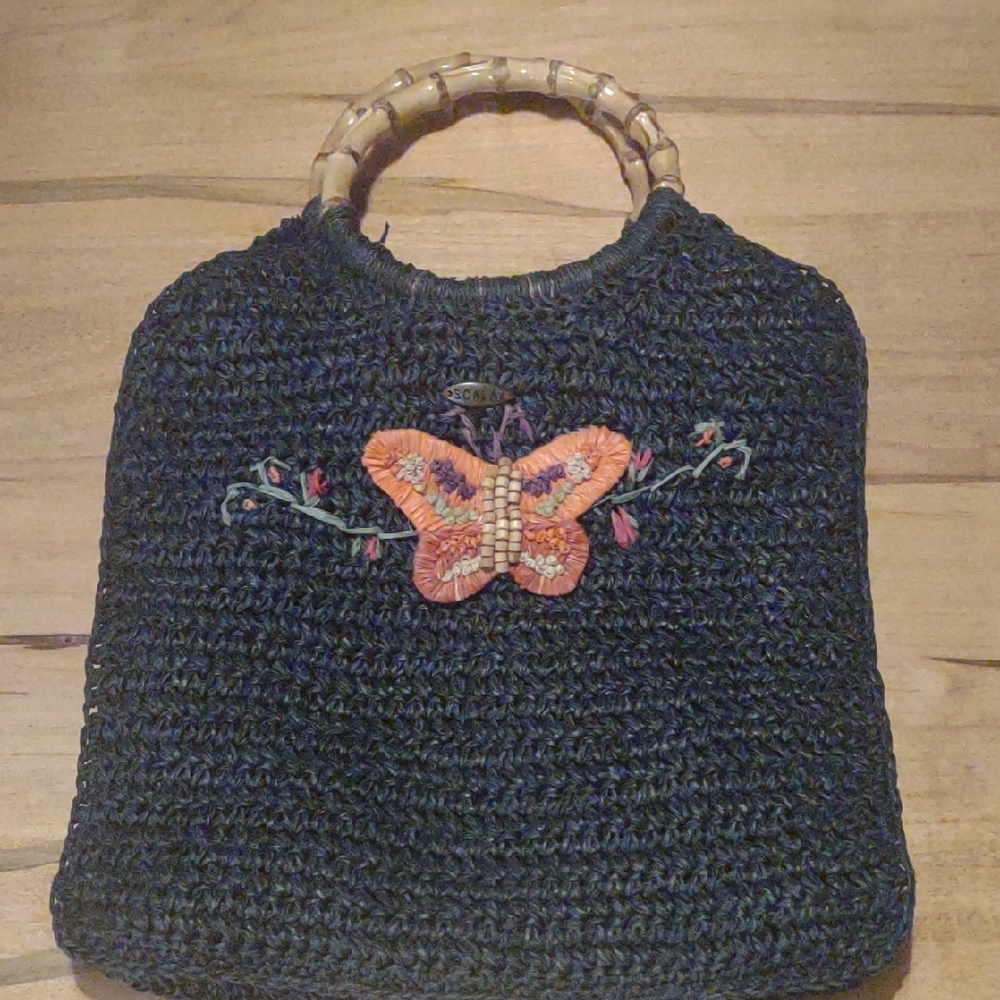 Scale Crochet Navy Blue With Butterfly And Wooden Handles‎ Handbag